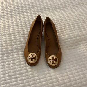 Tory Burch Tan Flats with Gold Emblem